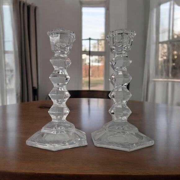 Mikasa Crystal Candlestick Holders Pair Geometric Hexagon Clear Glass 8” Elegant - Picture 1 of 2